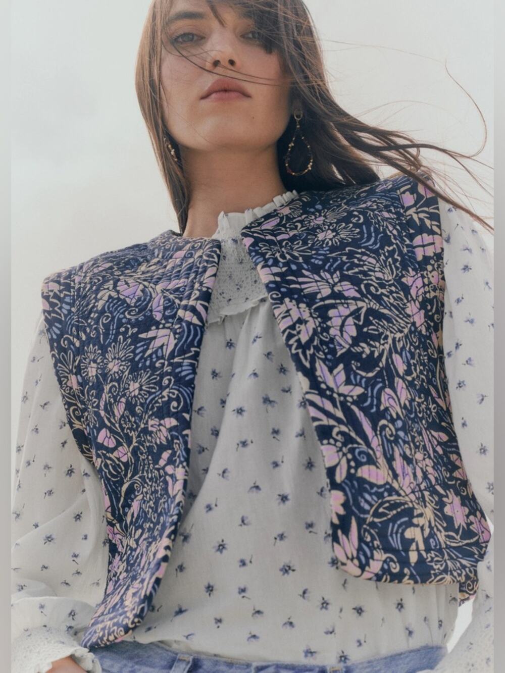 Mango Floral Quilted Cotton Gilet Vest Navy/Lilac Size Small NWOT Cottagecore
